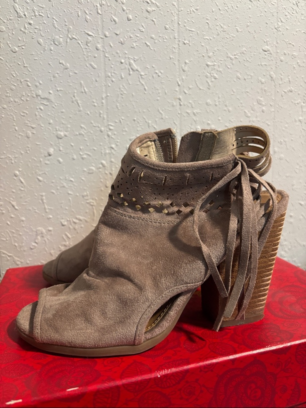 Not Rated Taupe Suede Fringe Peep-Toe Stacked Heel Boots